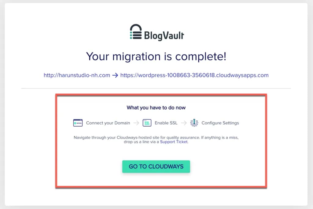 Pesan sukses migrasi Cloudways