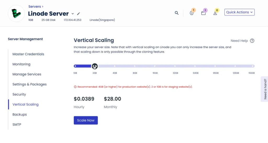 Vertical scaling di Cloudways