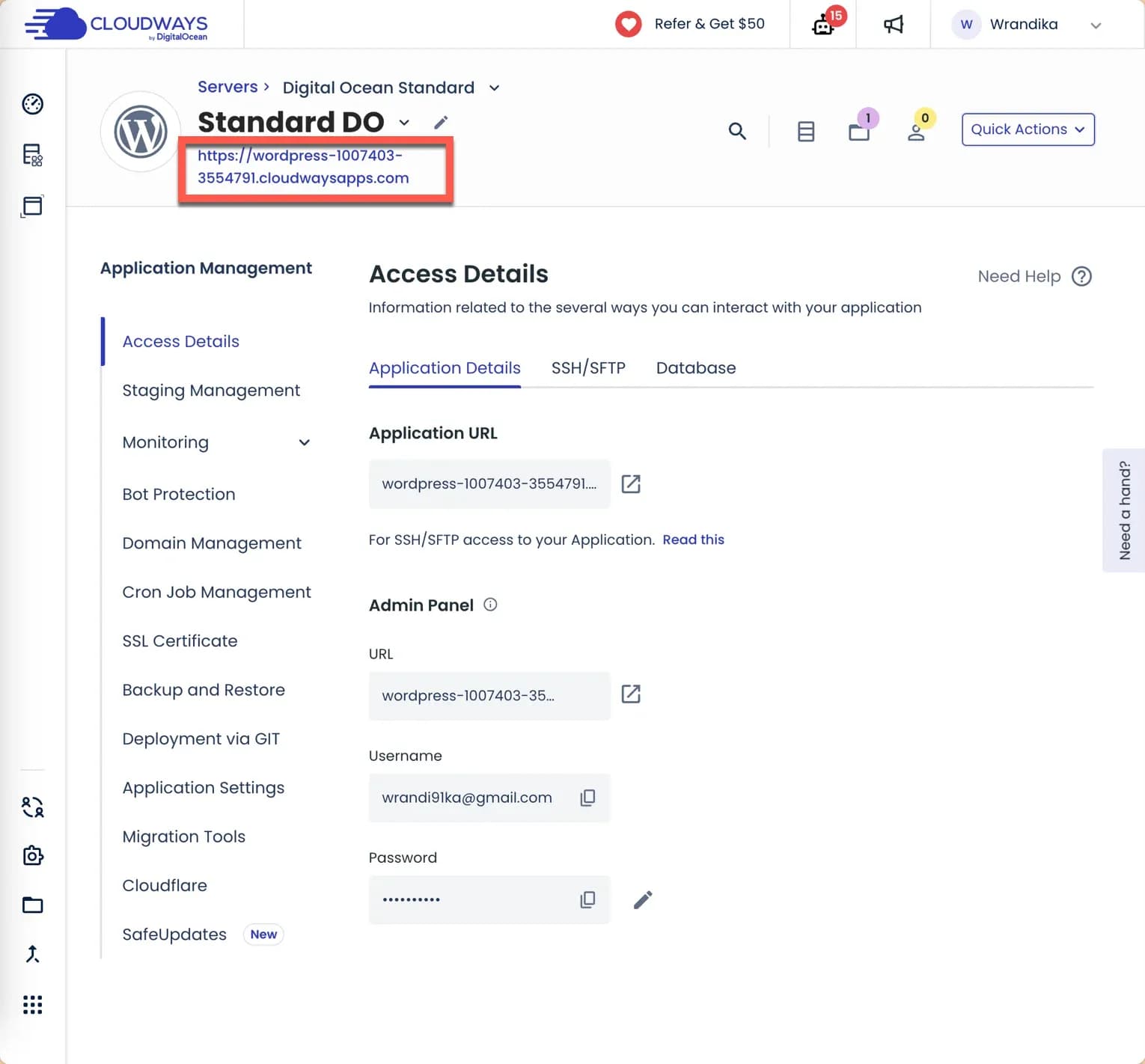 Halaman aplikasi WordPress di Cloudways