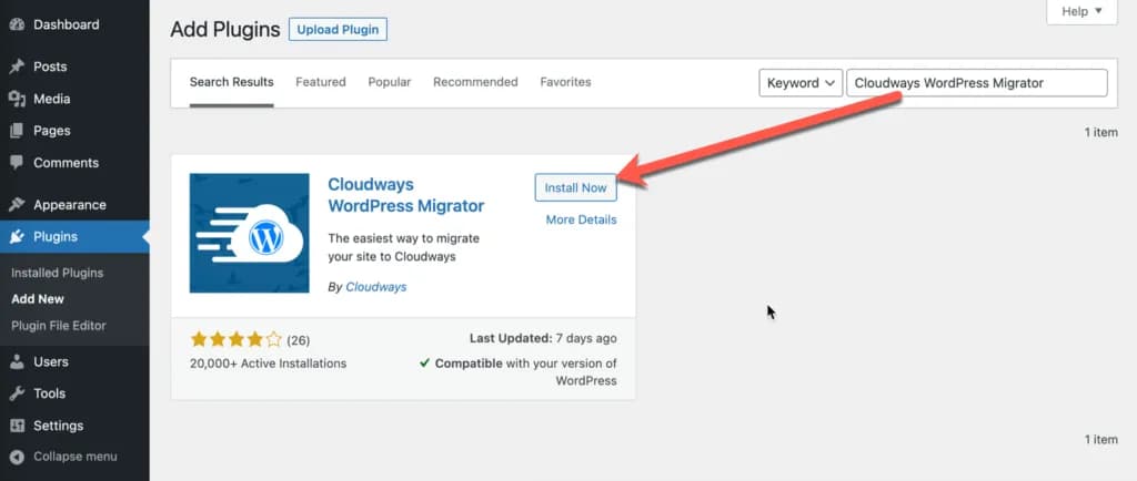 Halaman instalasi plugin Cloudways WordPress Migrator