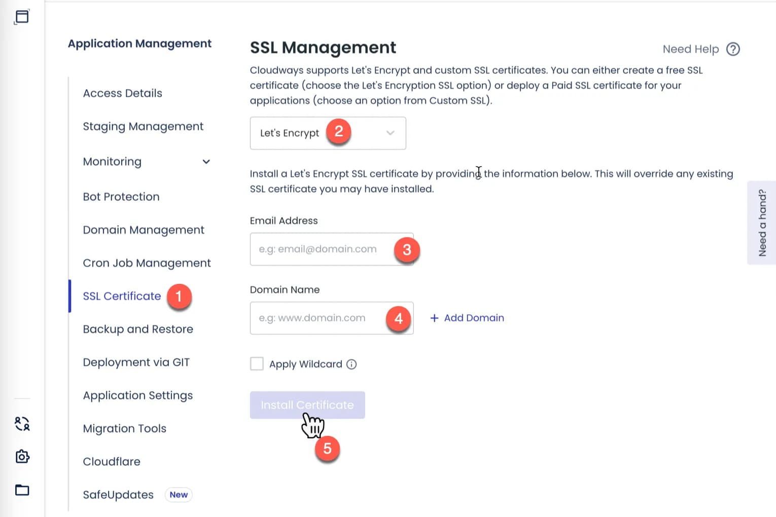 Form instalasi SSL di Cloudways