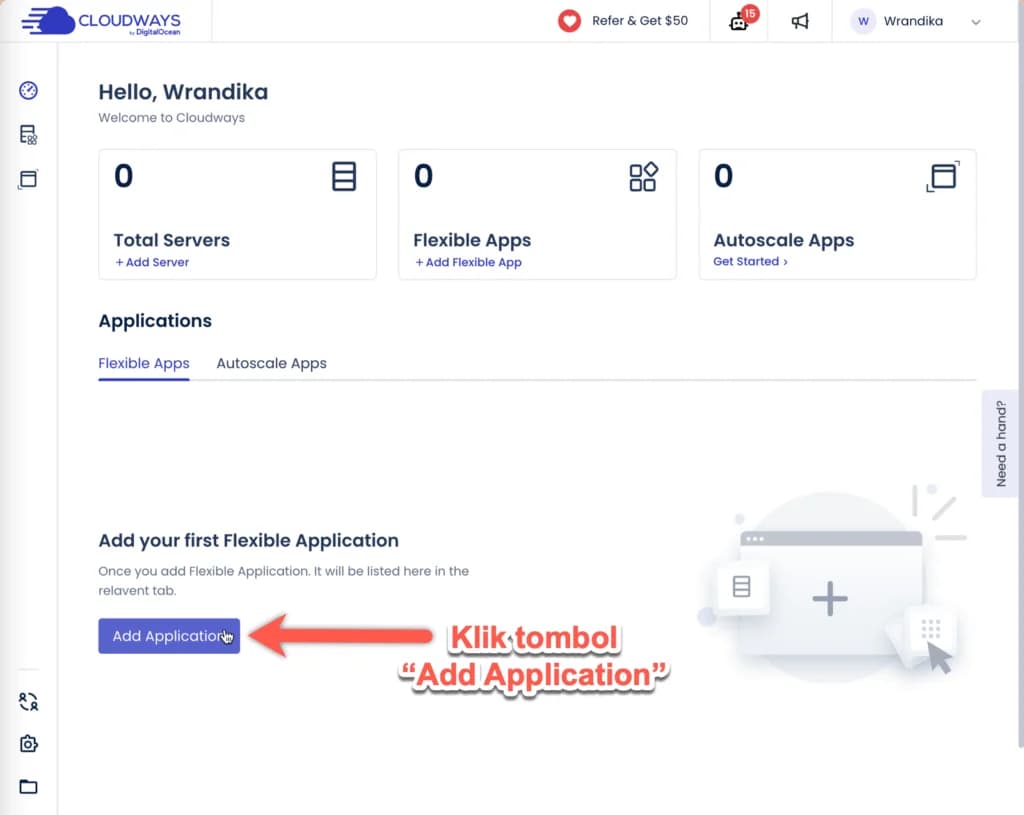 Tampilan dashboard Cloudways dengan tombol Add Application