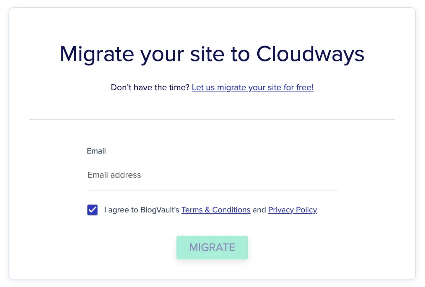 Form migrasi Cloudways dengan field email