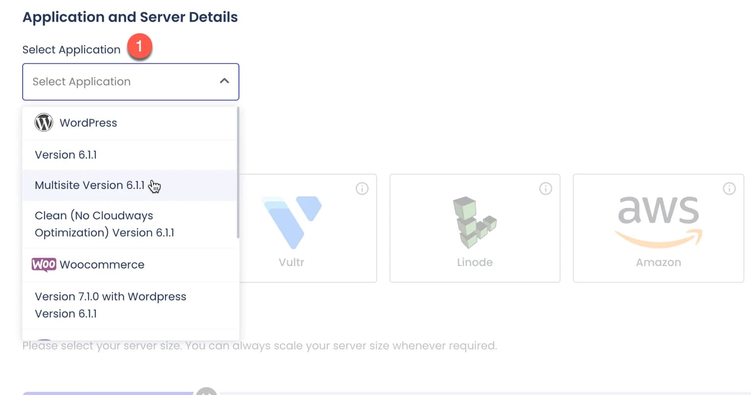 Pilih aplikasi WordPress di Cloudways