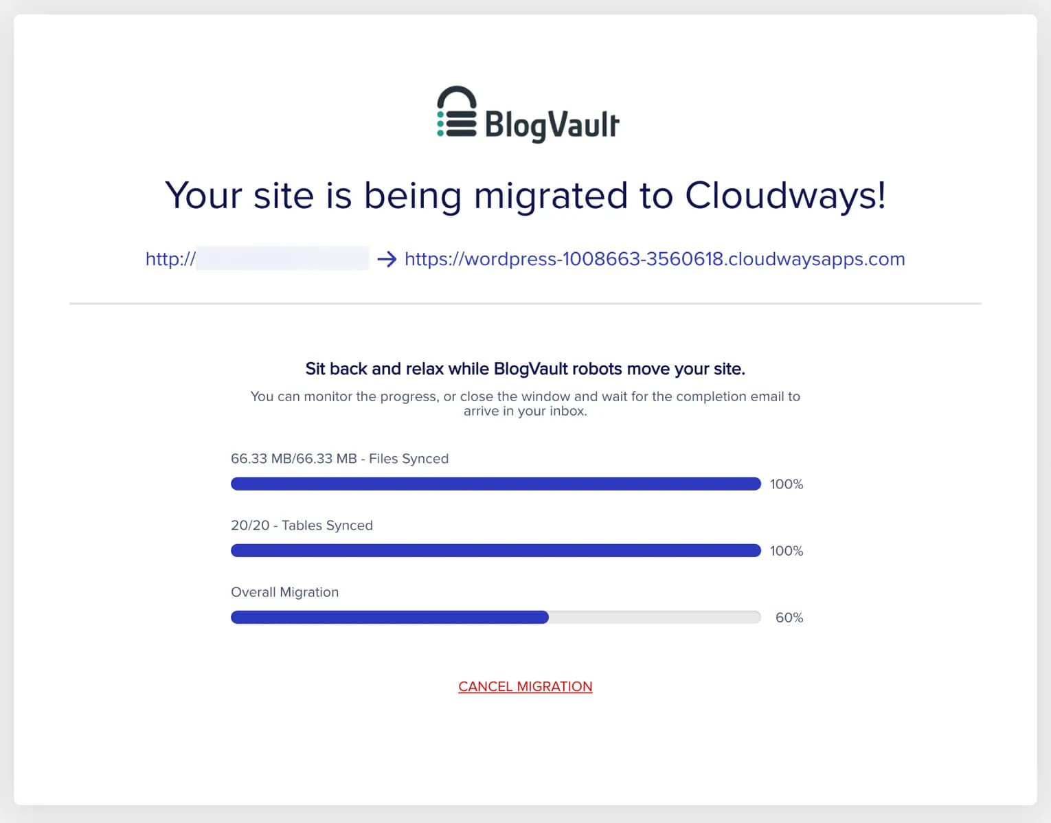 Proses migrasi Cloudways sedang berlangsung