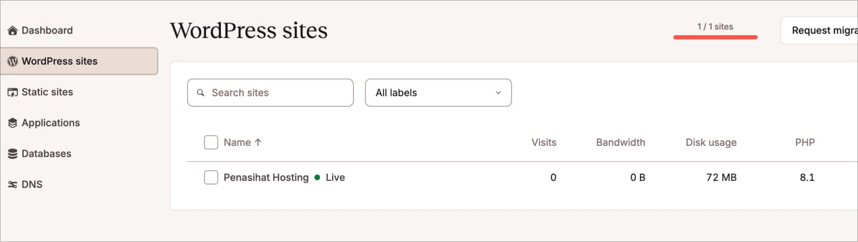 Dashboard MyKinsta menampilkan situs WordPress yang sudah live