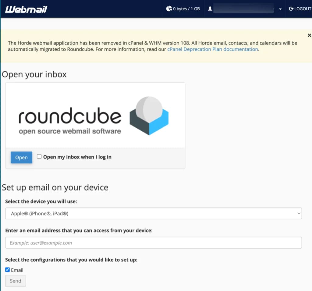 Tampilan antarmuka webmail Roundcube di cPanel