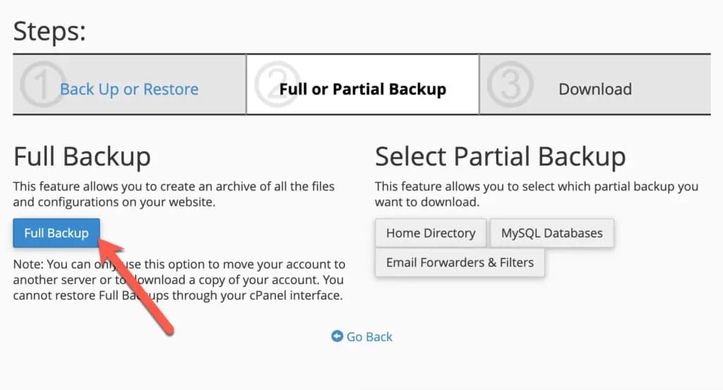 Pilihan Full Backup di Backup Wizard cPanel