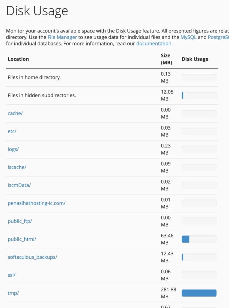 Informasi detail pemakaian disk space di cPanel