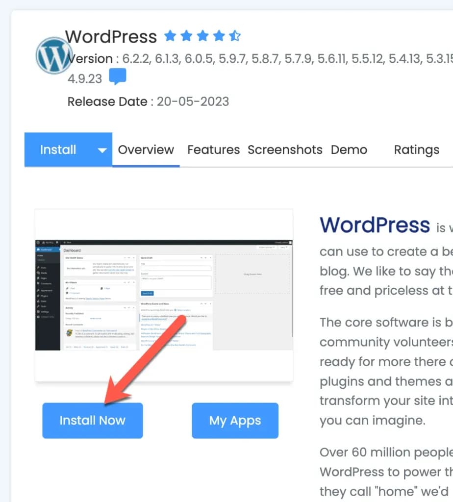 Tombol Install untuk WordPress di Softaculous