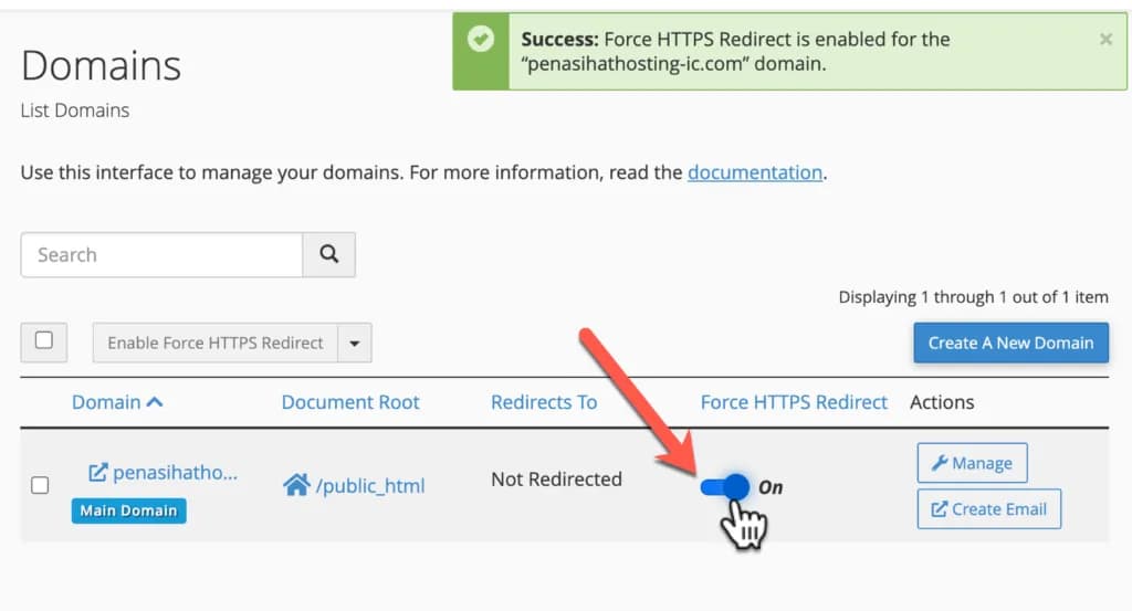 Pengaturan Force HTTPS Redirect di cPanel dalam posisi ON