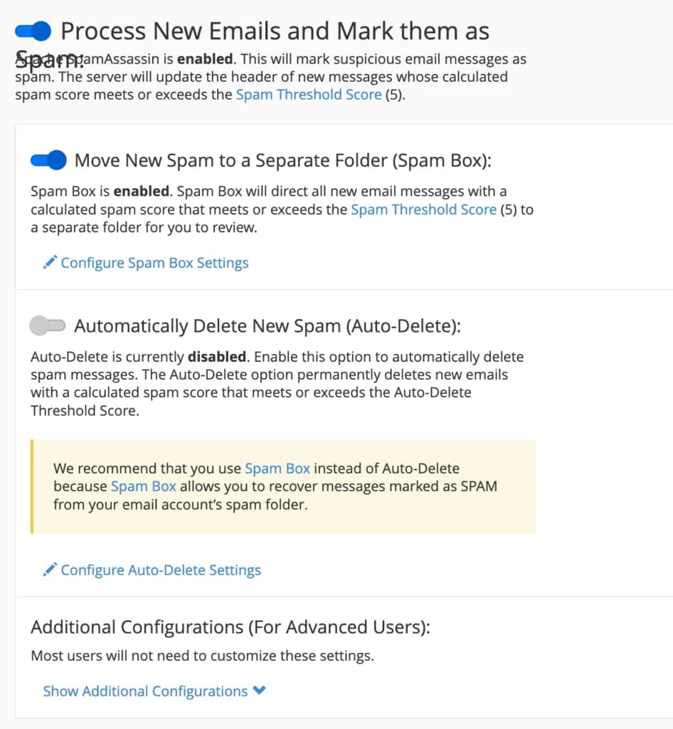 Halaman pengaturan Apache SpamAssassin di cPanel