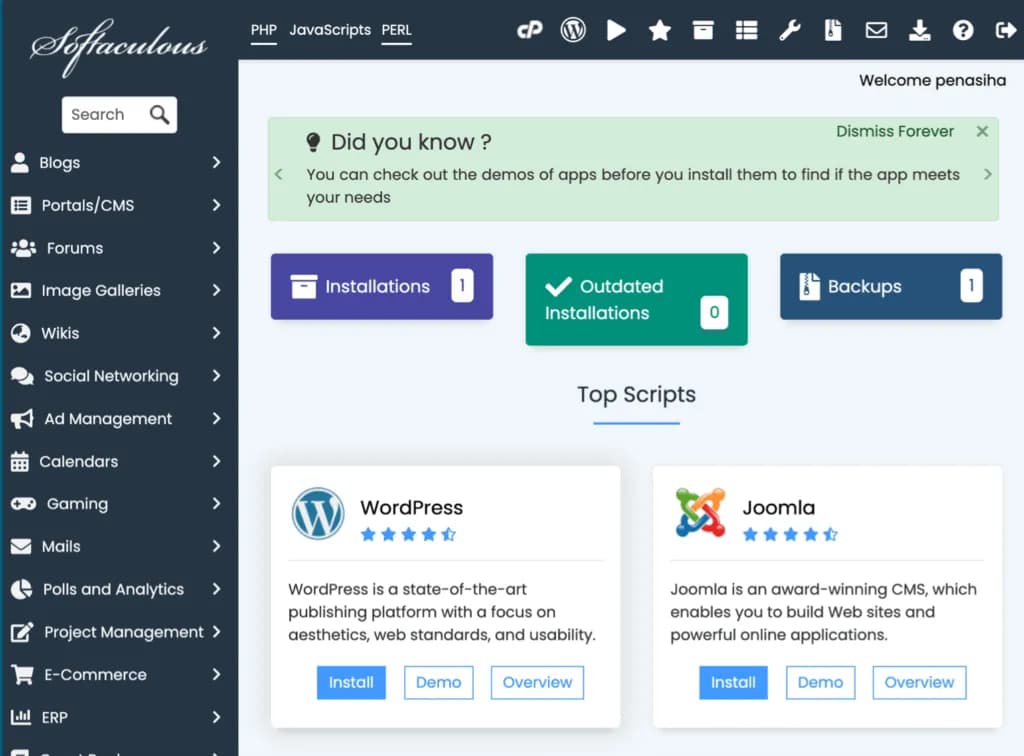 Daftar platform dan aplikasi di Softaculous Apps Installer cPanel
