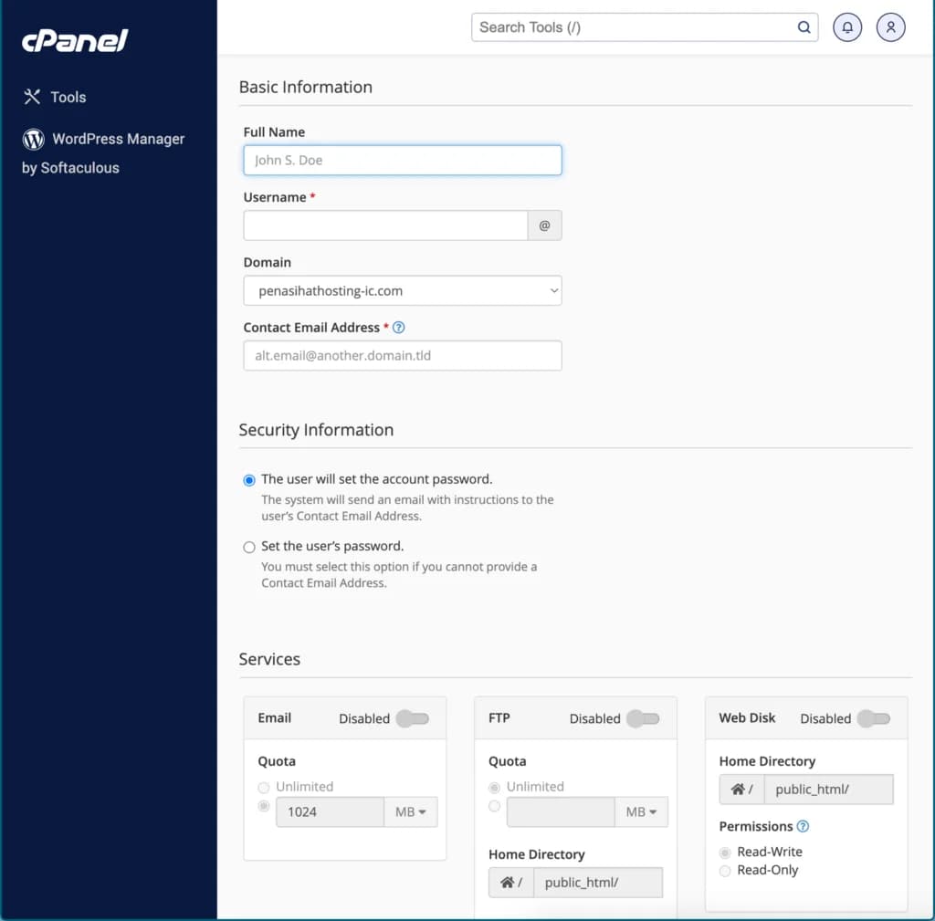 Formulir untuk menambahkan user baru di cPanel
