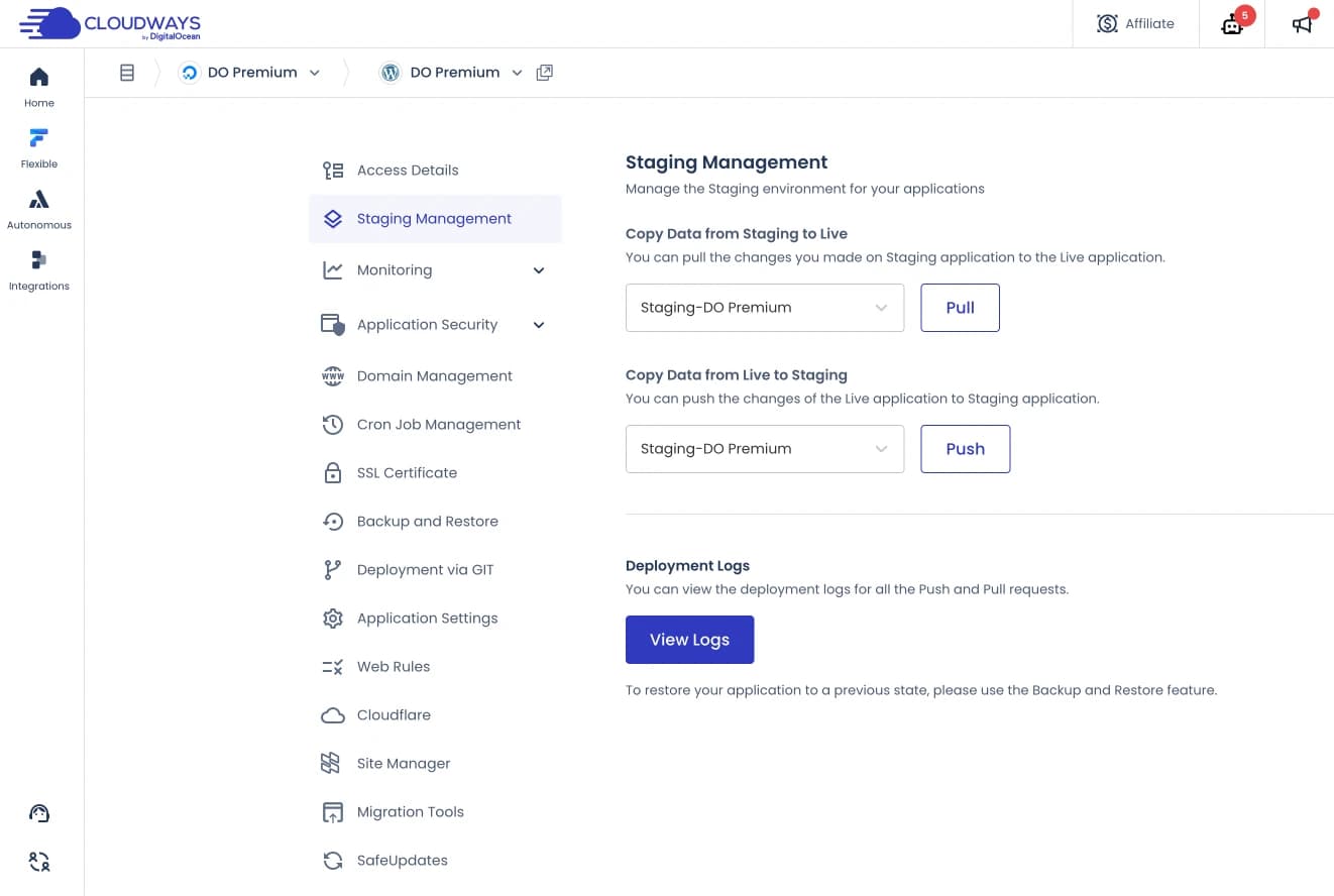 Staging management di Cloudways