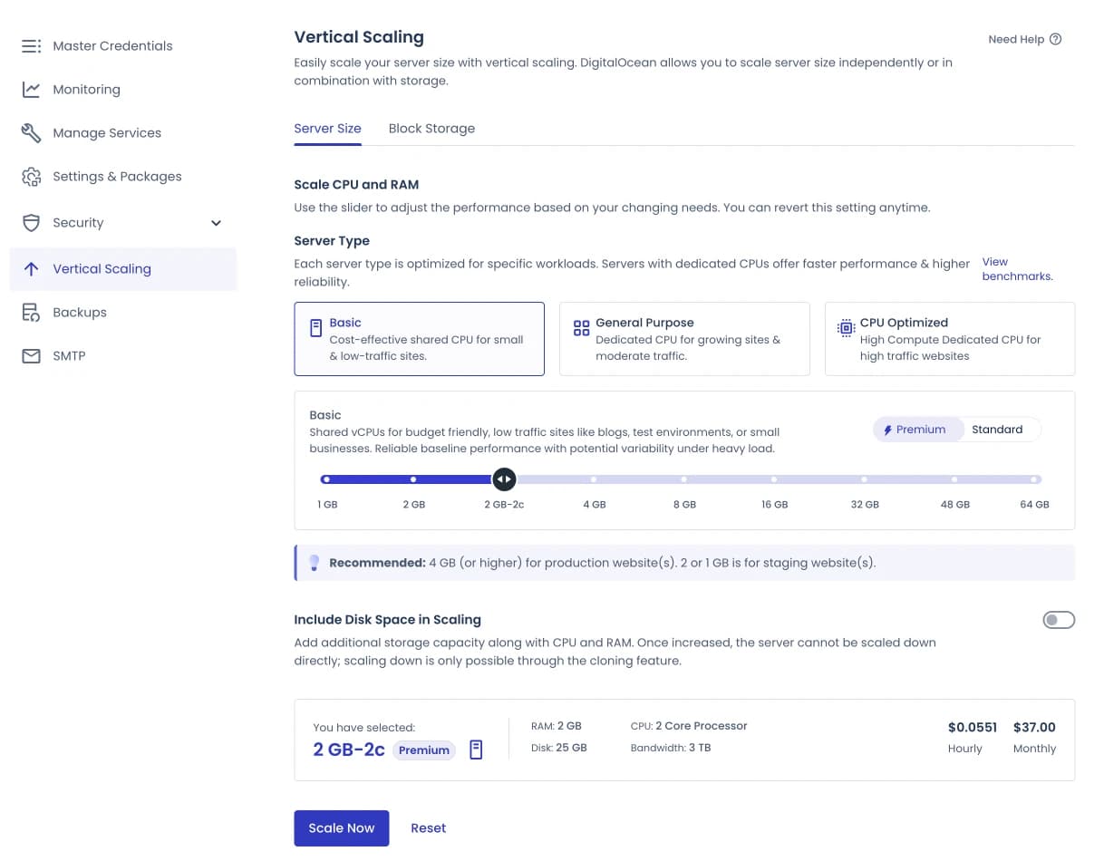 Vertical scaling di Cloudways