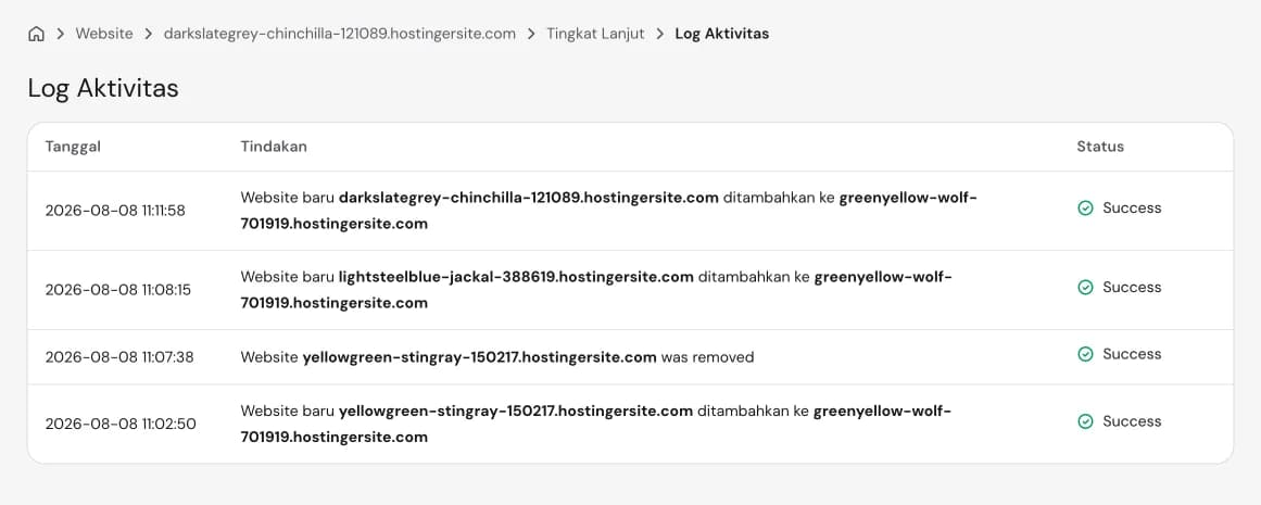 Log aktivitas website di hPanel