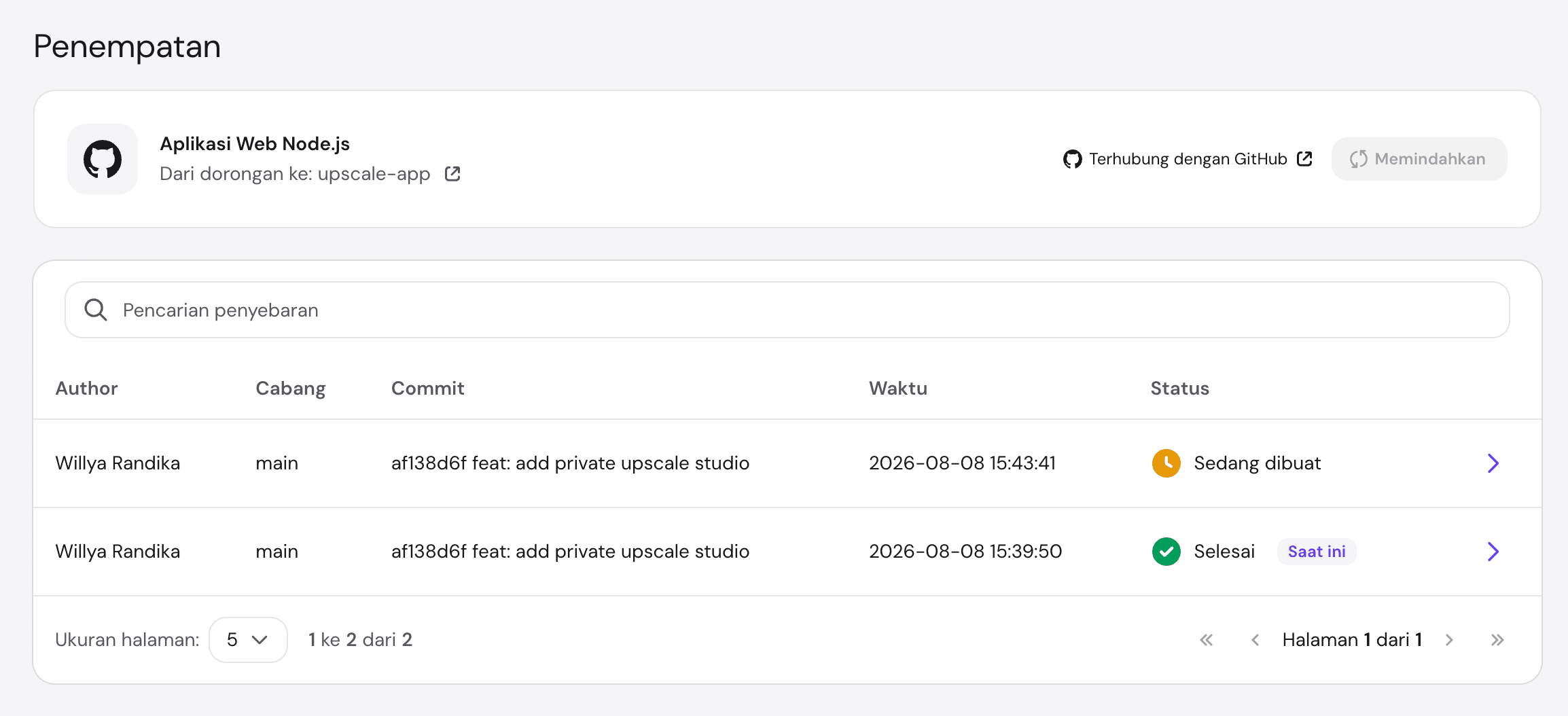 Riwayat deployment aplikasi Node.js dari repository GitHub di Hostinger