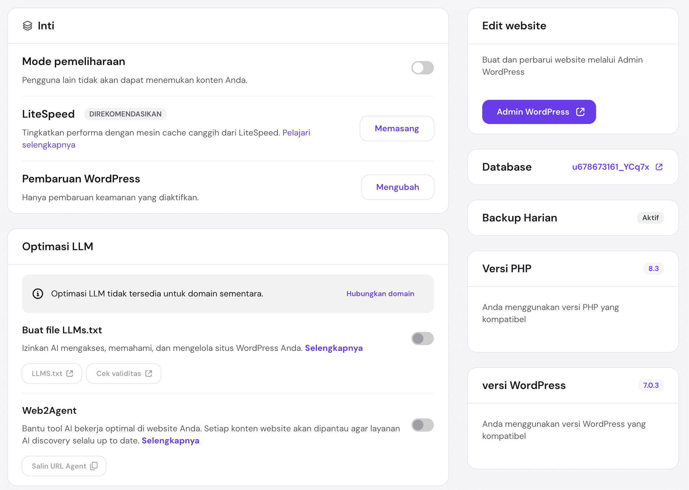 Pengaturan WordPress, LiteSpeed, akses wp-admin, dan optimasi LLM di hPanel