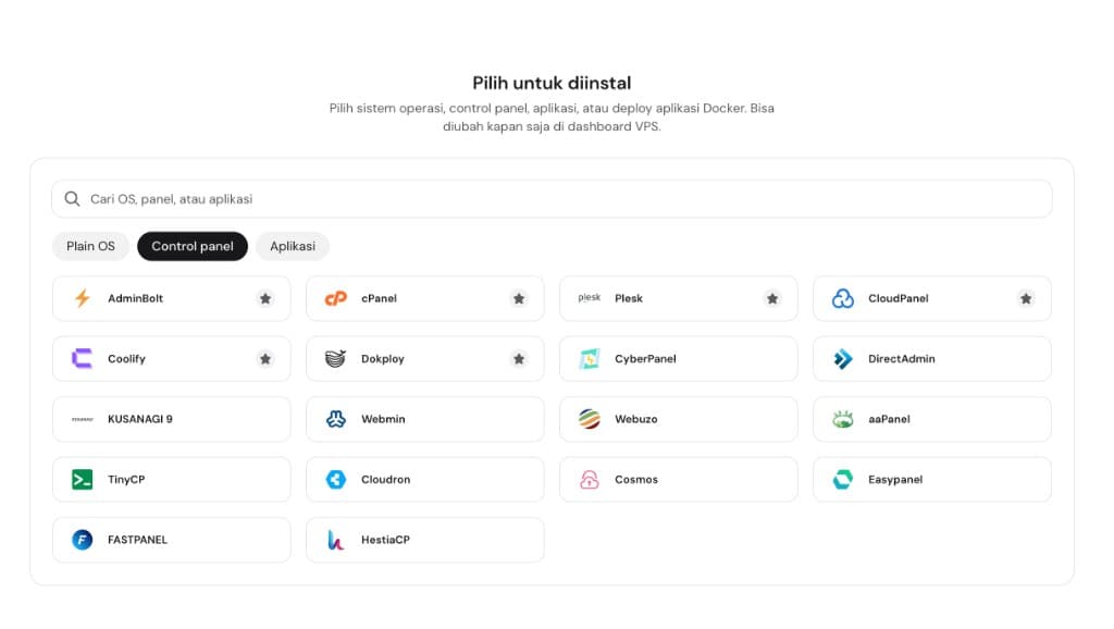 Tab Control panel: cPanel, Plesk, CloudPanel, Coolify, Dokploy, HestiaCP, aaPanel, CyberPanel, dll.
