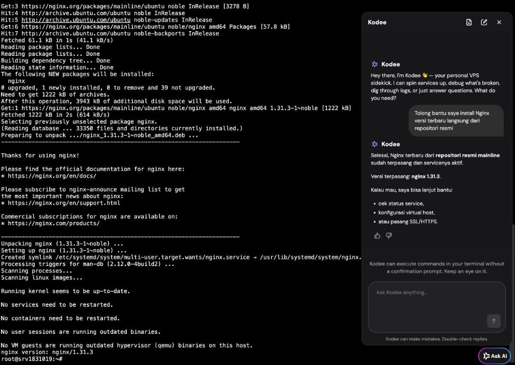 Nginx 1.31.3 terpasang dari mainline; nginx -v di terminal