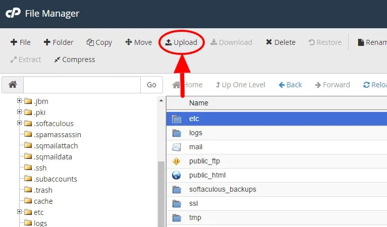 Antarmuka untuk mengupload file dengan drag and drop di File Manager cPanel