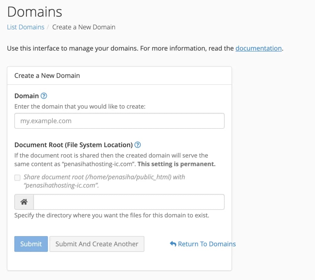 Halaman untuk menambahkan domain baru di cPanel