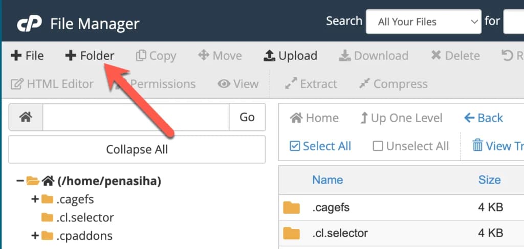 Tombol untuk membuat folder baru di File Manager cPanel