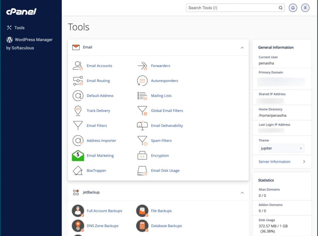 Informasi General Information dan Statistics di sidebar kanan cPanel