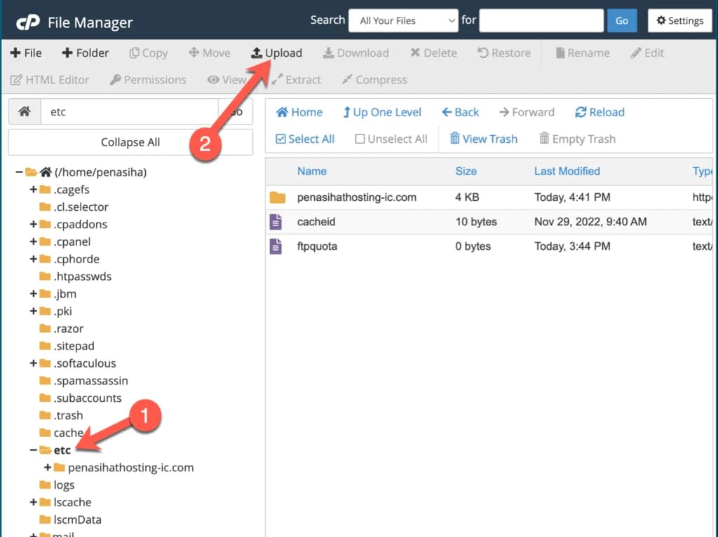 Tombol upload file di File Manager cPanel